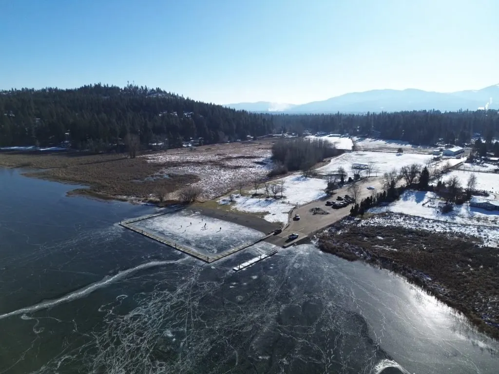 Hauser Lake aerial ice fishing winter boat launch
